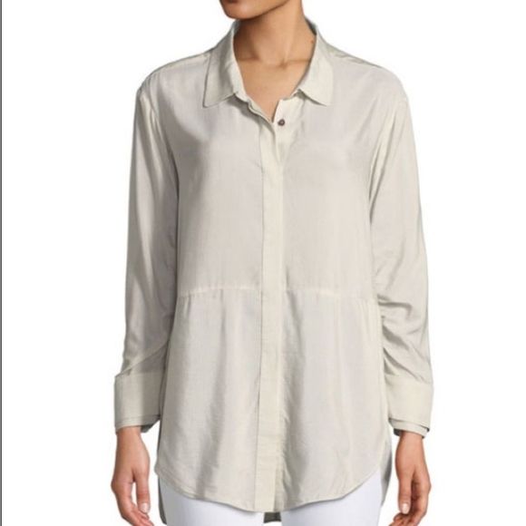 Halston Heritage Ruched-Sleeve Striped Shirt 10 - Picture 1 of 4